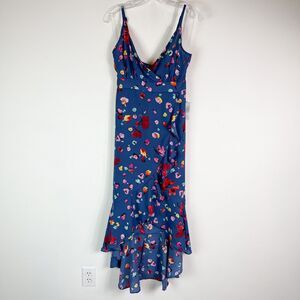 Kenedik Women's Blue Ruffle Hem Wrap Front Sleeveless Floral Maxi Dress Size L